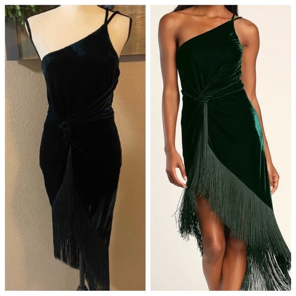 NWOT Lulus Fringe for Life Dark Green Velvet One-Shoulder Fringe Midi Dr… - Picture 1 of 14